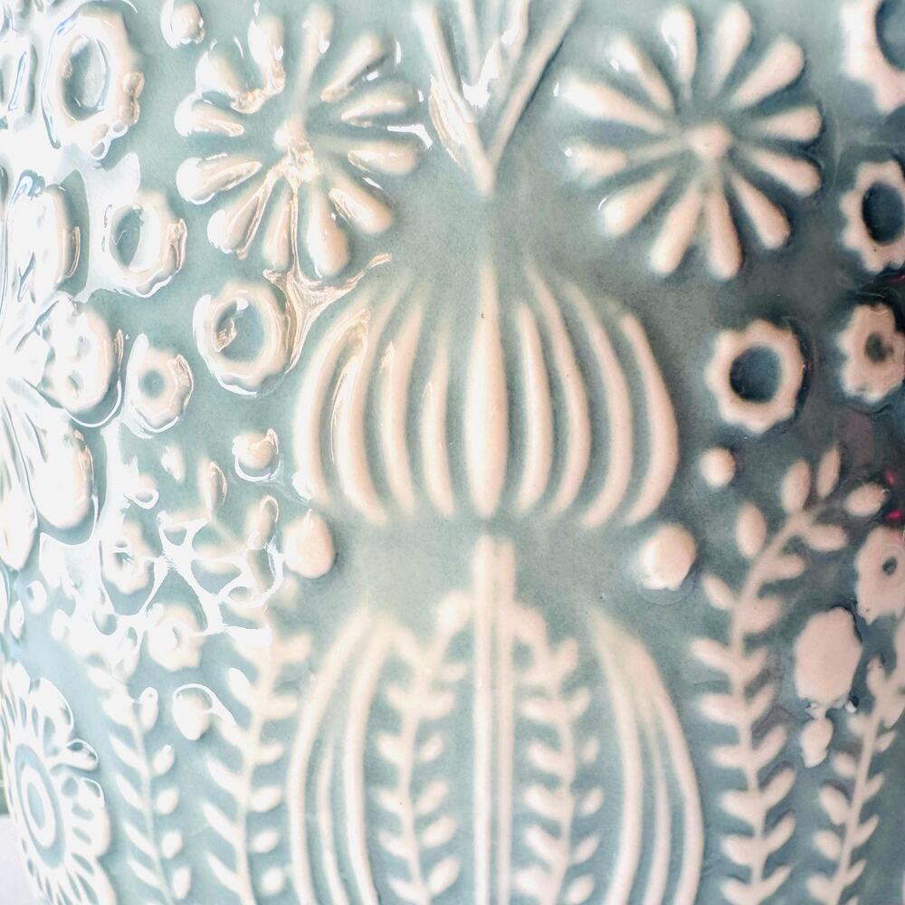 Retired World Market Jolly Hearts Coffee Tea Mug Oversize Blue Embossed Flowers - Picture 5 of 9